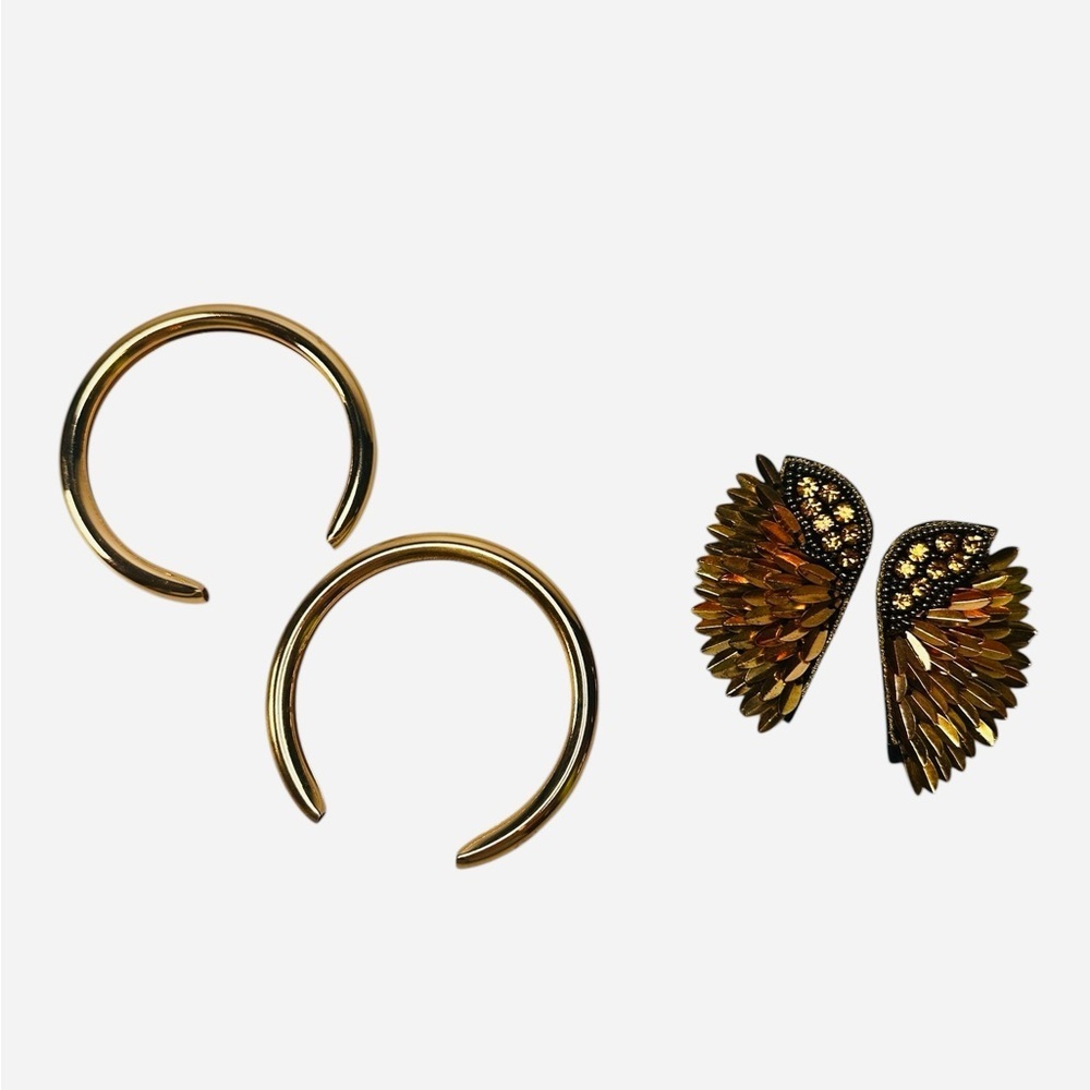 Vintage Wings & Semi Circle Oversized Gold Tone Earrings 2